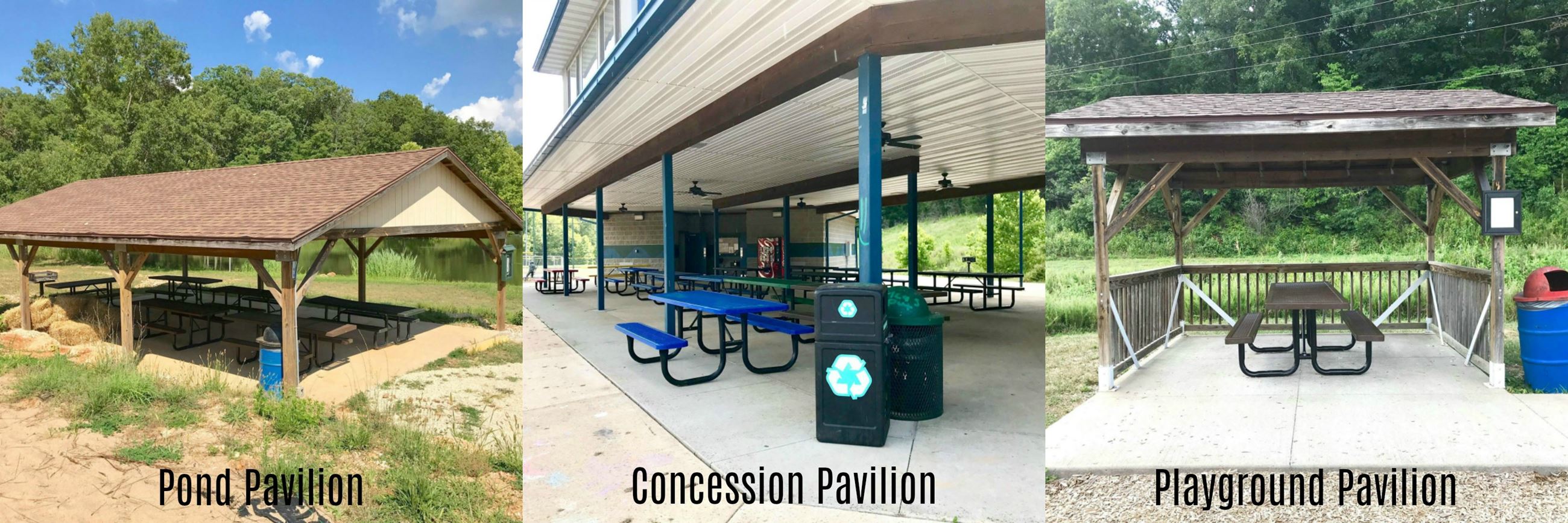 Collage showing three pavilions in Osage Beach City Park; Pond Pavilion, Playground Pavilion, and Co